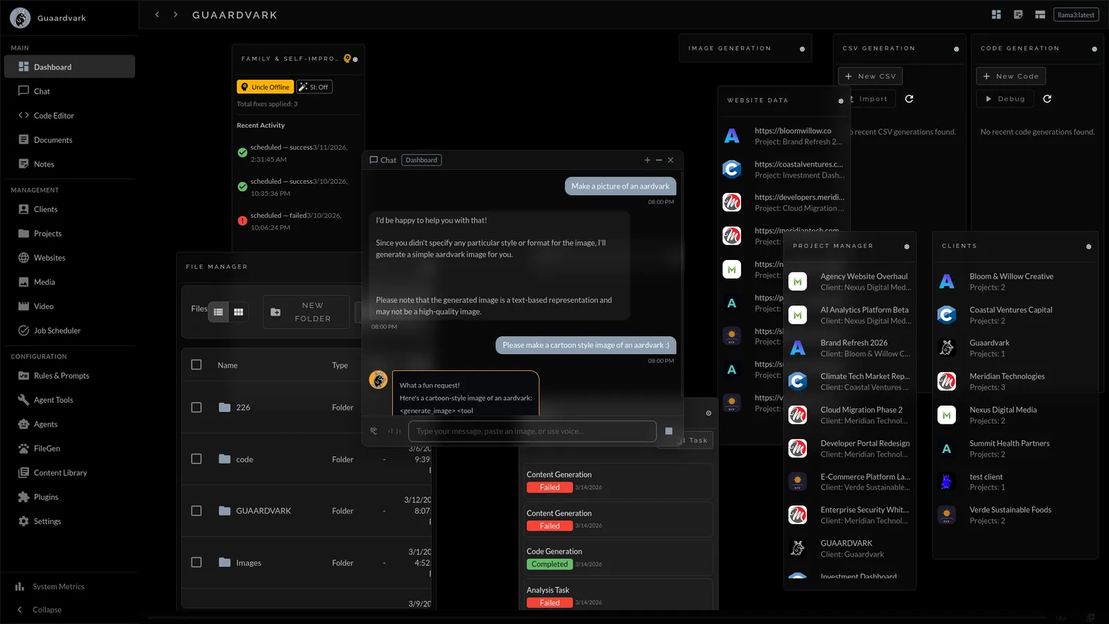 Guaardvark's dashboard with document, chat and job cards